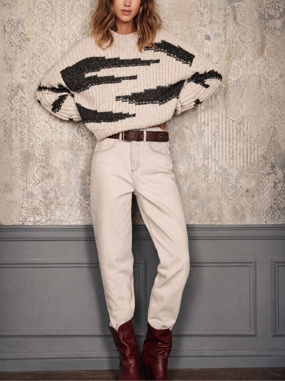 ba&sh Cacilie Abstract Brushstroke Chunky Knit Sweater Cream & Black, size 1 A19